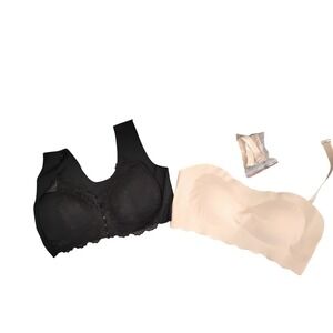 Set of 2 Wireless Bras Black Lace Front Hook Bralette & Beige Strapless Bandeau